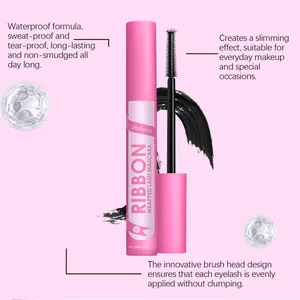 Detail of mascara wand and waterproof formula description for pink zephoco mascara.