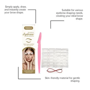 Complete eyebrow stencil kit with reusable templates, pink razor, and red drawstring strap