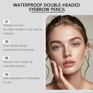 Close-up of model with natural brows showing waterproof dual-headed eyebrow pencil features