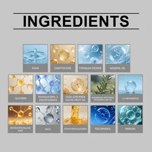 Lista macro de ingredientes con Aqua, Glicerina y aceites naturales para crema BB.