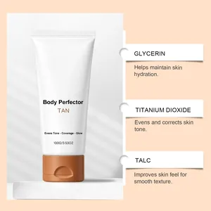 Gedetailleerde weergave van Body Perfector Tan lotion met glycerine en talkpoeder.
