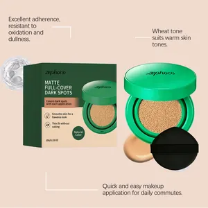 Detailed view of Zephoco matte cushion foundation with box and puff in natural color.