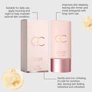 Detalle del sérum con color CC para piel bronceada con beneficios e instrucciones.