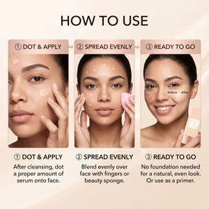 Detailed three-step tutorial showing how to apply CC serum for a natural even skin tone