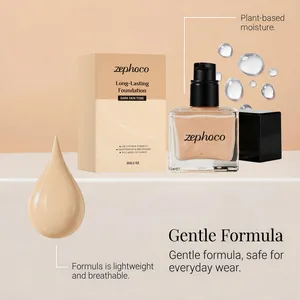 Nahaufnahme der Zephoco Liquid Foundation Flasche für dunkle Hauttöne und Verpackung