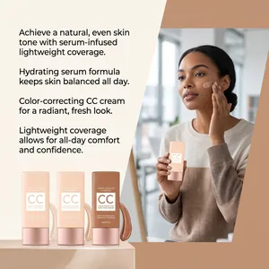 Serum-infused color-correcting CC cream showing multiple shades and lifestyle application.