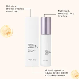 Detailed close-up of color changing foundation bottle and packaging description