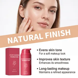 Detailed view of color changing foundation bottle showing SPF 50 and natural skin finish