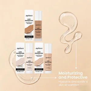 Detailed view of Zephoco thermal color-changing foundation with moisturizing liquid swatches