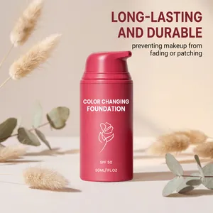 Close-up of color changing foundation bottle with long-lasting formula and SPF 50.