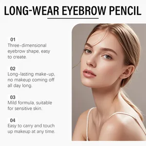 Detalle de lápiz de cejas de larga duración con acabado marrón natural en modelo