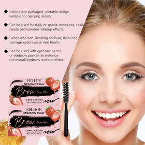 Detail view of strawberry flavor brow fixing wax kit applied on female model skin