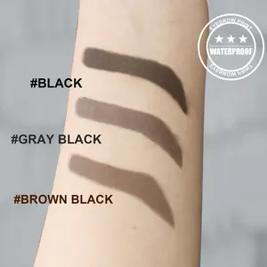 Échantillons détaillés du tampon à sourcils imperméable en noir, noir gris et noir marron.