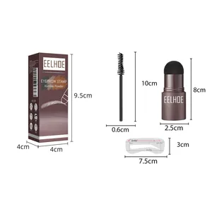 Dimensiones detalladas del kit de sello para cejas EELHOE con plantilla y pincel.