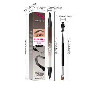 Professional black double-ended hair-like eyebrow pen set with brush and size details