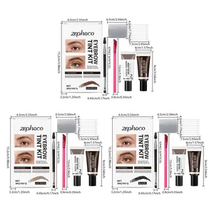 Dimensiones detalladas de los componentes y el embalaje del kit de tinte de cejas zephoco