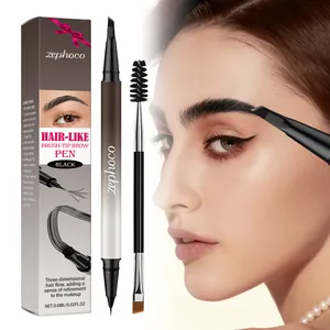 Detail of black double-ended eyebrow pen creating natural hair-like strokes on model's brow