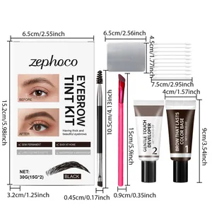 Kit completo per tinta sopracciglia Zephoco nero con misure dettagliate dei componenti.