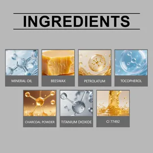 Macro view of eyebrow pencil ingredients including beeswax, tocopherol, and charcoal powder