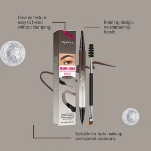 Detailed view of zephoco dual-ended brown eyebrow pen with spoolie brush and box