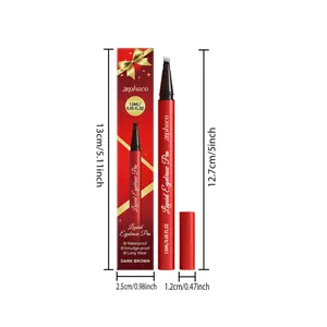 Dimension guide for Zephoco dark brown liquid eyebrow pen and red gift box packaging.