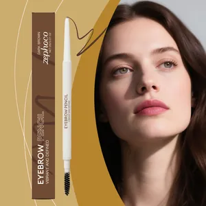 Close-up of Zephoco dark brown dual-ended eyebrow pencil with professional makeup result
