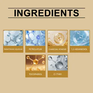 Detail graphic of light brown eyebrow pencil ingredients including charcoal powder and vitamin E
