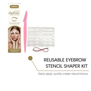 Detailed overview of the reusable eyebrow stencil shaper kit including 12 stencils and a razor.