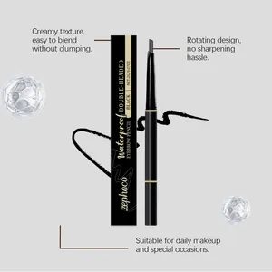 Close-up of double-headed waterproof black eyebrow pencil highlighting creamy texture and design