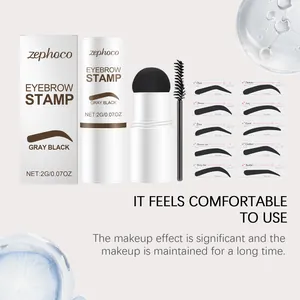 Gray black eyebrow stamp kit with stencils and brush for natural, long-lasting makeup.