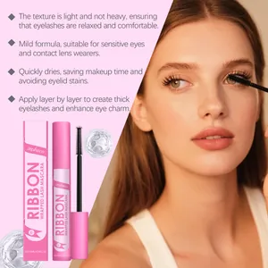 Zephoco pink mascara set with wand detail and model demonstrating curled eyelash effect