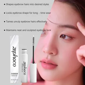 Vista detallada del gel fijador de cejas Zephoco con aplicador y modelo asiática
