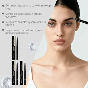 Detail view of waterproof double-headed eyebrow pencil being applied for natural brows
