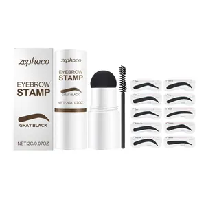 Gray black eyebrow stamp kit with applicator brush and 10 stencil shapes for natural look.