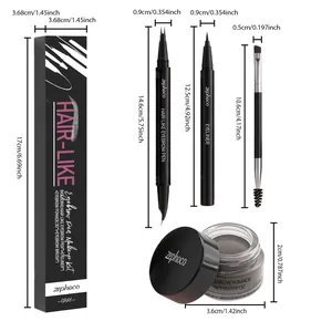 Grey eyebrow kit with pen, eyeliner, brush, and pomade showing detailed dimensions