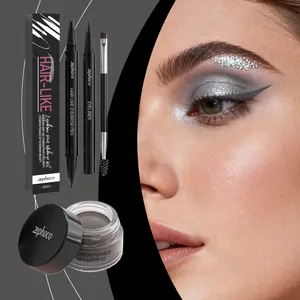 Primer plano del kit de maquillaje de cejas gris zephoco con pomada, lápices y look