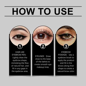 Guía de aplicación para lápiz de cejas y delineador con detalles de maquillaje de ojos