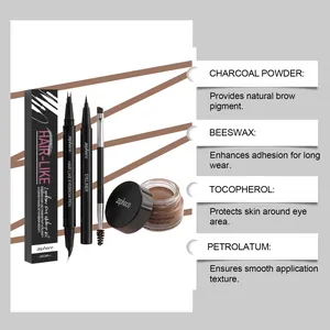 Detalles ingredientes kit cejas Zephoco: polvo carbón, cera abejas y tocoferol explicados.