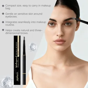 Detailed shot of black double-headed waterproof eyebrow pencil with application on model
