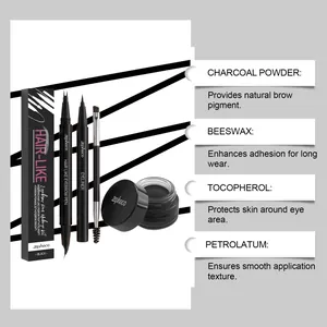 Infographic of Zephoco black eyebrow kit showing ingredients like beeswax and charcoal