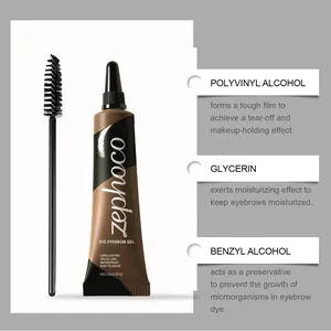 Detalle del gel de cejas negro Zephoco que muestra ingredientes de glicerina y alcohol.