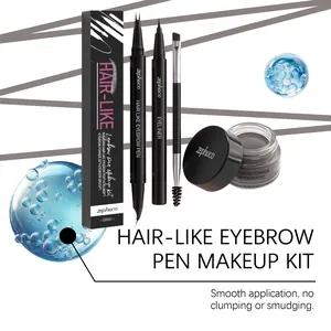 Detailed view of the zephoco gray eyebrow kit including pen, eyeliner, and pomade.