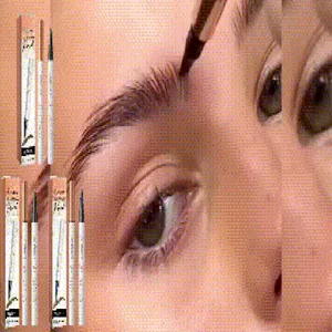 Macro view of a waterproof liquid eyebrow pencil applying precise fine strokes to brows.
