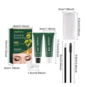 Kit complet de teinture pour sourcils et cils avec dimensions précises des composants.