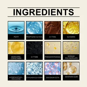 Scientific ingredient list for eyebrow pencil with macro views of Aqua and Glycerin