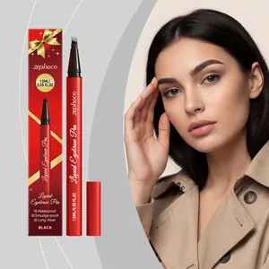 Detailed view of Zephoco black liquid eyebrow pen and results on model's face