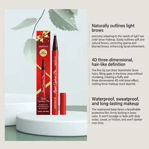 Detail view of Zephoco dark brown 4D liquid eyebrow pen with festive gift box packaging.