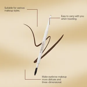 Close-up of double-ended eyebrow pencil in dark brown with brush for precise brow styling.