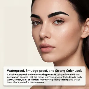 Detailed view of waterproof and smudge-proof black eyebrow makeup on a model's face