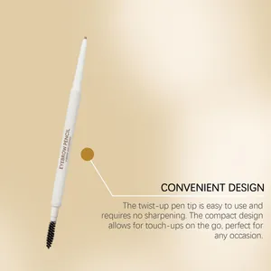 Close-up detail of light brown double-ended eyebrow pencil with twist-up tip and spoolie brush.